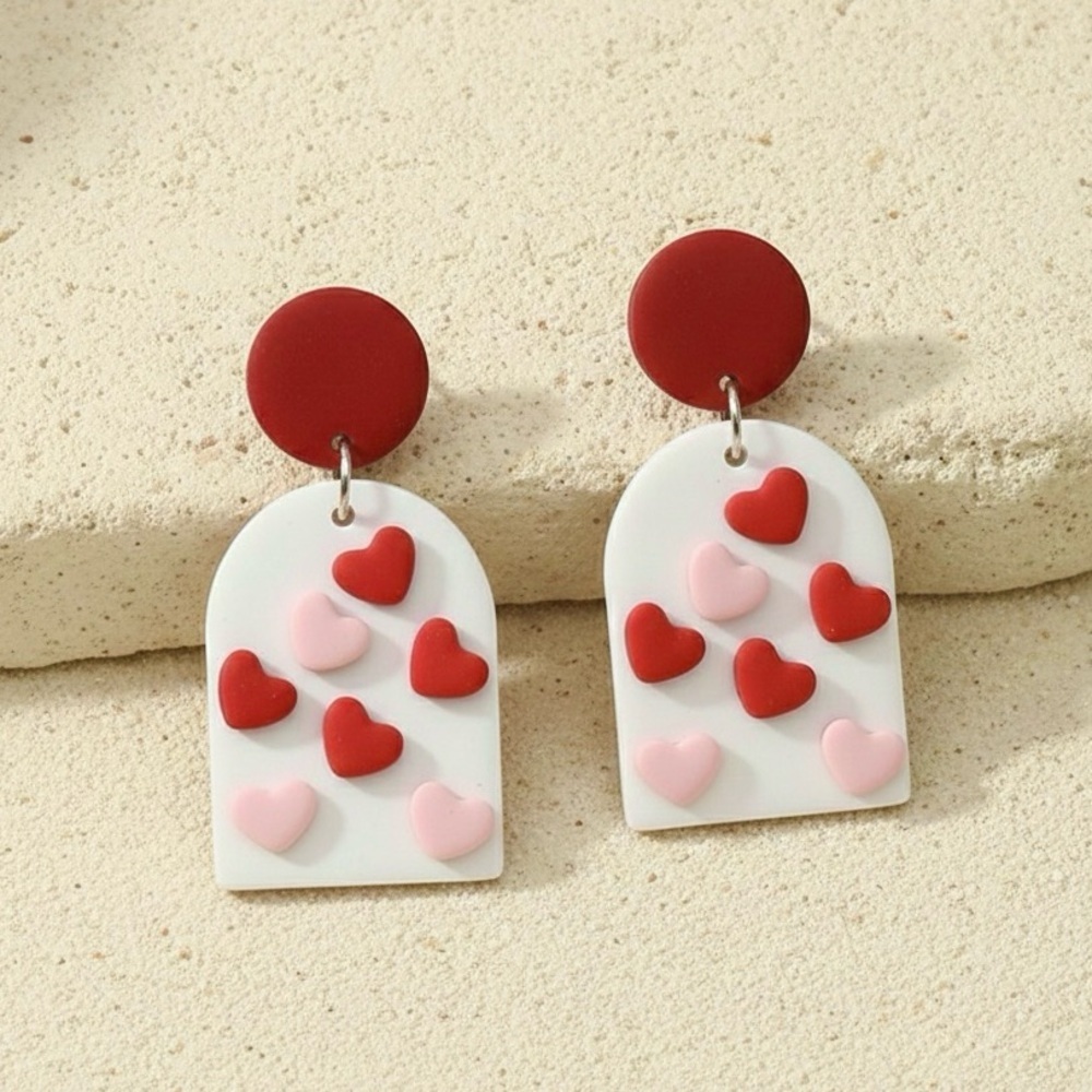Heart Pattern Arch Dangle Studs - Handmade Clay Earrings - Valentine’s Day